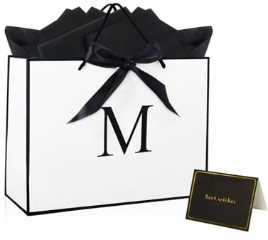 Medium Gift Bag with Tissue Paper and Card, 11 Inches Birthday Gift Bag for Presents White Gift Bag for Birthday Wedding Baby Shower (Letter M)