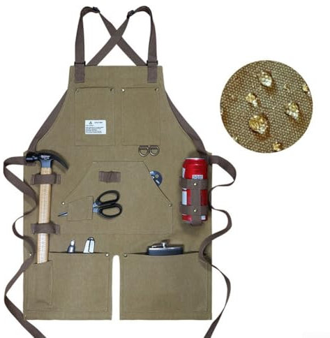 Tablier de travail à fond fendu en toile épaisse, design imperméable pour électriciens, charpentiers, avec plusieurs poches pour outils (vert)