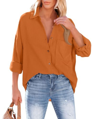 Chemisier Lin Femme Manches Longues Col V Boutons et Poches Chemise Gaze de Coton Blouse Femme Chic et élégant Tunique Lin Grande Taille Lâche Respirant Haut Ete, Gingembre, L