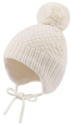 MniJiza Baby Girls Winter Hat Toddler Earflap Pompom Beanie Hat Infant Boys Fleece Lined Hats Baby Knit Hat Fall (6-24M, White)