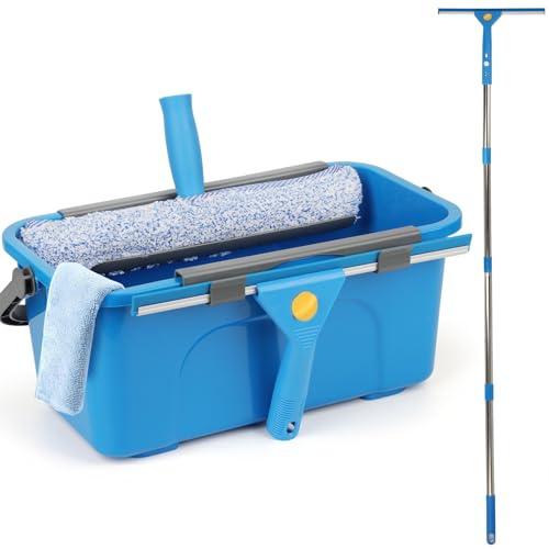 Fensterreiniger Set, Profi Fensterputzer mit Eimer 12L, Fensterwischer 35CM, Fenster Einwascher 35CM, Mikrofasertuch & Glastuch, Fensterreinigungsset für Haus, Fenster, Glas, Auto, Camper