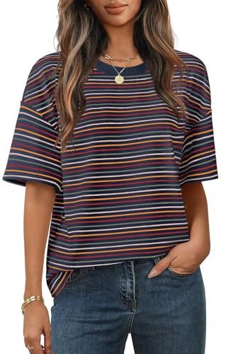 Cuptacc Camiseta Mujer Cuello Redondo Verano Camisetas Manga Corta Mujer Rayas De Colores Camisa Holgada Blusas Casual Tshirt
