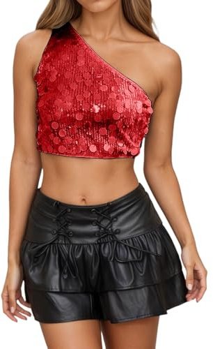 Top de fiesta brillante con lentejuelas reflectantes y tirantes. Camisola sin mangas de moda con diseño brillante para discotecas y ocasiones festivas., rojo, S