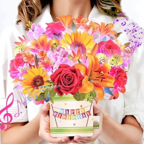 Birthday Cards for Women, Happy Birthday Card with Music and Light | 10Inch Forever Sunflower Bouquet, 3D Popup Birthday Card for Women Mum Wife Daughter Sister(Blank Notecard & Envelope)