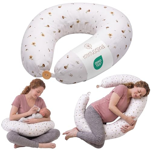 MIMUSELINA Cojin Lactancia y Embarazo 100% Algodón | Extra Grande y Mullido | 200 x 70 cm | Almohada Embarazada, Lactancia y Nido de Bebé | Funda Desenfundable y Lavable | Blanco con Flores