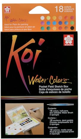 SAKURA Koi Water Colors - Pocket Field Sketch Box 18 Half Pans - Estuche de acuarela vibrante con pincel y paleta mezcladora