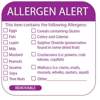 Food Allergen Warning Labels - Roll of 500 - Food Labels to Denote Allergy Warnings