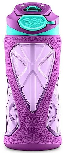 ZULU Torque Kinder-Wasserflasche mit Silikonhülle und auslaufsicherem Klappdeckel, weiche Trageschlaufe für Schulrucksack, Lunchbox, BPA-frei, spülmaschinenfest, 473 ml, Violett