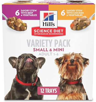 Hill's Science Diet Small & Mini, Adult 1-6, Small & Mini Breeds Premium Nutrition, Wet Dog Food, Variety Pack: Chicken & Vegetables; Salmon & Vegetables Stew, 3.5 oz Tray Variety Pack, Case of 12