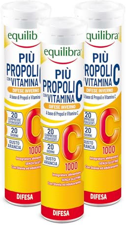 Equilibra Integratori Alimentari, Più Propoli con Vitamina C, Integratore per la Normale Funzione del Sistema Immunitario, Propoli e Vitamina C, Gusto Arancia, 3 Pezzi da 20 Compresse Effervescenti