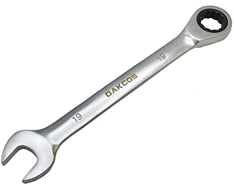 DAKCOS Kombi-Ratschenschlüssel 19mm - Metrischer Ratschenringmaulschlüssel aus CR-V mit mattierter Chromoberfläche