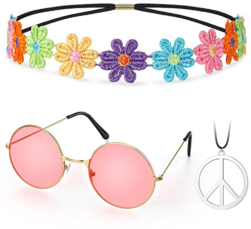 Fiada Set di Accessori per Costume Hippie Occhiali da Sole Rotondi di Anni '60 Collana con Segno di Pace Fascia per Capelli di Margherita Girasole per Donna Travestimenti (Rosa, Colorato)