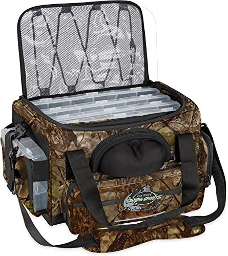 normani XXL Angeltasche mit 5 Köderboxen wasserdichte Angelbox Allzwecktasche Karpfentasche Tackle Bag Angel-Zubehörtasche - inkl. 5 Tackle Boxen und Sonnebrillen Hardcase Farbe Camouflage