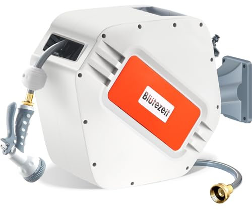 Blütezeit Schlauchtrommel 20 m+2 m, Garten-Wasserschlauchrolle zur Wandmontage mit 9 Funktionen Sprühdüse, Arretierung in jeder Länge, 180° schwenkbar mit automatischer Aufrollfunktion (weiß)