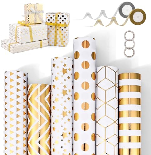 MOOKLIN ROAM Geschenkpapierpapierrolle 300 x 43cm, 6 Rollen Aktualisiert Geschenkpapier Set mit 2 Bänder und 3 Klebeband, Golddruck Kraftpapier Wrapping Paper für Geburtstag Hochzeit Taufe Party