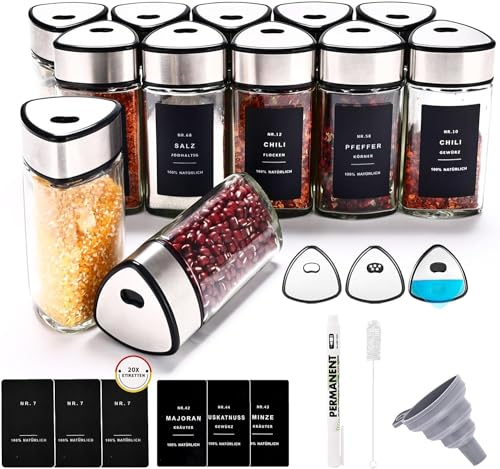 SIAZIH 360° Größenverstellbare Gewürzgläser mit Streueinsatz, 12x100ml Gewürzdosen mit Stilvollen Schwarzen Deutschen Etiketten, Gewürzstreuer zur Einfachen Geschmacksanpassung am Esstisch