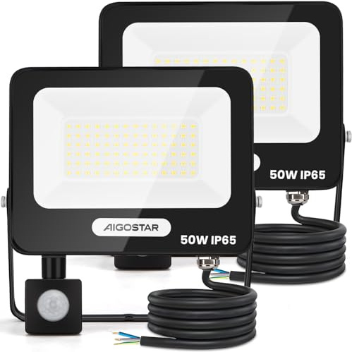 Aigostar 50W Foco LED Exterior con Sensor Movimiento PIR,2 piezas,4600LM Super Brillo Proyector LED, IP65 Impermeable,Blanco Natural 4000K,Luz de Seguridad para Interior,Jardín,Patio,Garaje