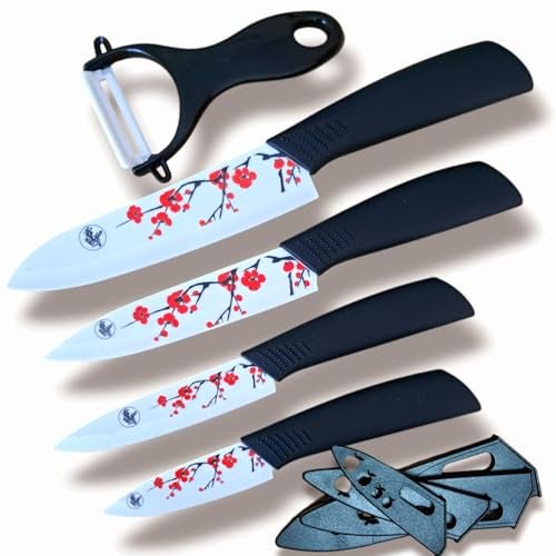 S-HubOla Keramik Messer Set 5Tlg, 4 Messer und 1 Schäler Messerset Kochmesser Chefmesser Schälmesser Allzweckmesser scharf Gemüsemesser rot (Schwarze Griff, Klinge mit Sakura)
