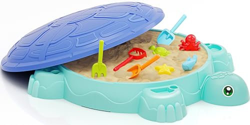 Schildkröten Sandkasten mit Abdeckung, Sandboxen Spielzeug Inklusive 8 PCS Sandschaufel Sandförmchen und Sandspielzeug Set, Sandspielzeug Gartenspielzeug für Kinder 2 3 4 5 6 7 Jahre Alt (Blau)