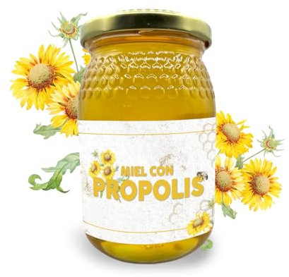 Miel con propolis (500 gramos) - Miel Cruda Natural de Abeja con Extracto de Própolis 2% - Producto de Colmena Nacional en Tarro de Cristal