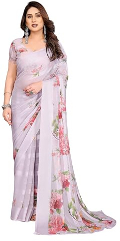 ETHNICMODE Indian Saree For Women Printed Georgette Light Weight Jari Party Wear Grey Sari With Unstitched Grey Blouse Piece-1150