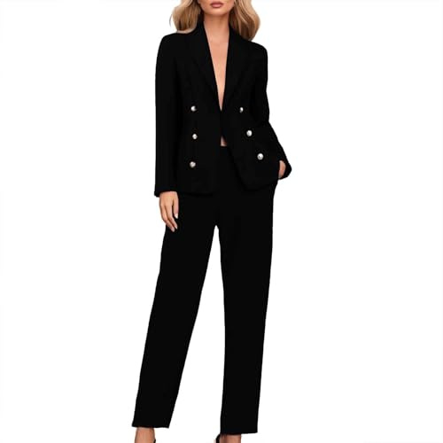 Women's 2 Piece Suits, Blazer Jackets with Chino Trouser, Double Breasted Blazer Open Front & Trousers Set, Elegant for Wedding,Business,Formal,Work Wear (A-1-Black, XL)