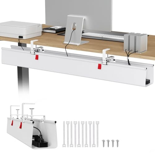 Univivi Under Desk Cable Management Tray No Drill, 48 inch Cable Tray White | Clamp/Screw Mount Desk Cable Tidy, Premium Fabric Cable Management Tray, Large Capacity Cord Organiser for Office, Home