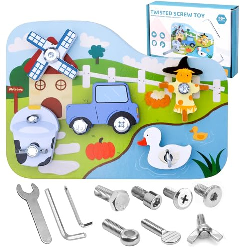 Liangding Juguetes Montessori, Tablero de Tornillos de Madera a Tema de Granja, Juguete Educativo de Motricidad Fina para Niños 3 4 5 6 Años, Busy Board y Regalo para Niña y Niño