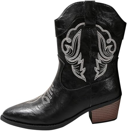 DFSDJEUW cowgirl boots for women Western Boots Women Cowboy Wide Fit Ankle Booties Waterproof Pull on Mid Boot Warm Low Heel Wellington Booties Lightweight Non Slip wide calf cowboy Black 7