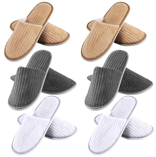 Set di 6 paia di pantofole per hotel/ospiti: taglia unica 28,5 x 11 cm, pantofole da doccia/bagno a punta chiusa, lavabili, in pile corallo antiscivolo per hotel viaggi casa e ospiti