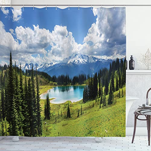 Ambesonne Landscape Shower Curtain, Pastoral Photo of Pond with Evergreen Relax Paradise Image Scenery Print, Cloth Fabric Bathroom Decor Set with Hooks, 69 W x 70 L, Turquoise and Green
