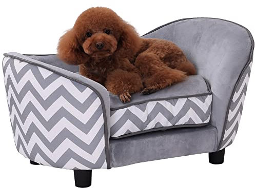 Pawhut D04-072GY Plush Fur Dog Sofa Couch Wooden Frame Deluxe Pet Sofa Lounger Cat Bed w/Cushions (Grey)