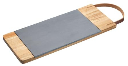 Artesà Rectangular Serving Platter, Wooden Tray with Leather Strap and Removable Slate Serving Board, Ideal Cheese Board or For Dinner Party Nibbles, 47 x 16 cm (18.5 Inch x 6½ Inch) - Metallic/Brown