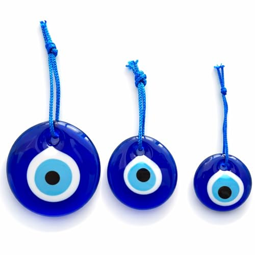 Erbulus Turkish Blue Evil Eye Wall Hanging Ornament Set of 3 - Turkish Nazar Beads - Ojo Turco - Home Protection Charm - Evil Eye Decor Amulet