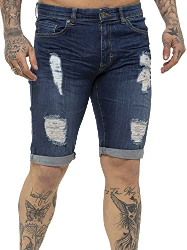 989Zé ENZO Mens Shorts Ripped Skinny Stretch Cotton Denim Half Pants Casual Summer Shorts EZS383 Blue 34