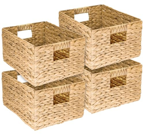 HMF Cesta de almacenaje trenzada organizadora de jacinto de agua, cesta decorativa con asas para baño, cocina, salón y estantería | Juego de 4 | Tamaño L | 36 x 28 x 20 cm | Natural