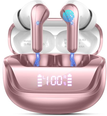 Wireless Earbuds, Bluetooth 5.4 Headphones with 4 ENC Noise Cancelling Microphone, Ear buds with HiFi Stereo Deep Bass, Bluetooth Earphones 40H Playtime LED Display, IP7 Waterproof Touch Control, Rose