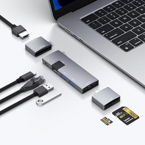 USB C Hub für MacBook, USB-C Hub 7-in-2, für Thunderbolt 4 USB C Port, 4K 60Hz HDMI, Ethernet, 2 USB A Datenanschlüsse microSD SD Kartenleser für MacBook Pro 13 Zoll, MacBook Air M1 M2 M3 iPad Dell