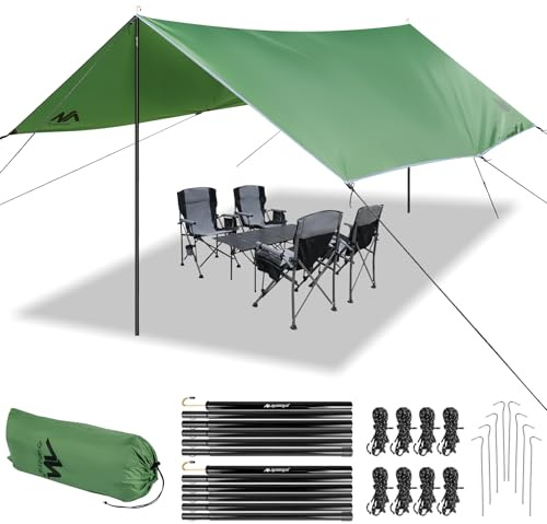 Tarp mit Stangen Zeltplane Wasserdicht, Tarp 3x4,5m Zeltplane Wasserdicht mit Ösen Camping Plane Sonnensegel Shelter für Camping Hängematte Wandern Picknick Reisen Outdoor Aktivitäten Terrassen