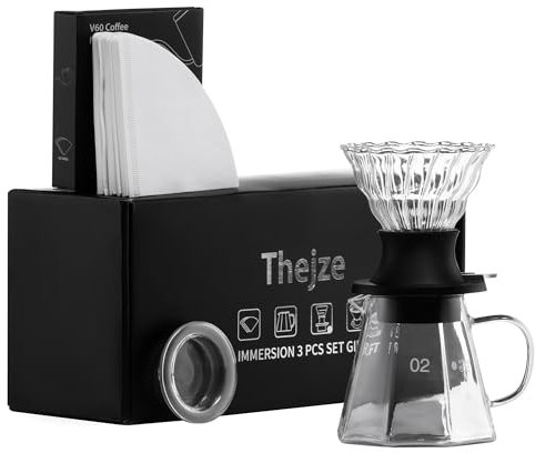 TheJze Switch pour over coffee maker, 3-in-1 Immersion &pour over coffee dripper, Stops Bitter Coffee, Includes 600ml Glass Pot & 50 Natural Paper Filters, Size 02, Ideal for Iced drink & Gift