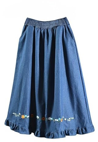 OVJENTSK Dam elastisk hög midja utsvängd denimkjol med fickor lätt andningsbar blommig broderad lös volang jeanskjol för vardagskläder, BLÅ, one size