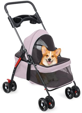 Passeggino pieghevole per cani e gatti di piccola taglia con ruote anteriori girevoli a 360°, doppia fibbia anti-iberazione, tenda regolabile a 180°, comoda rete