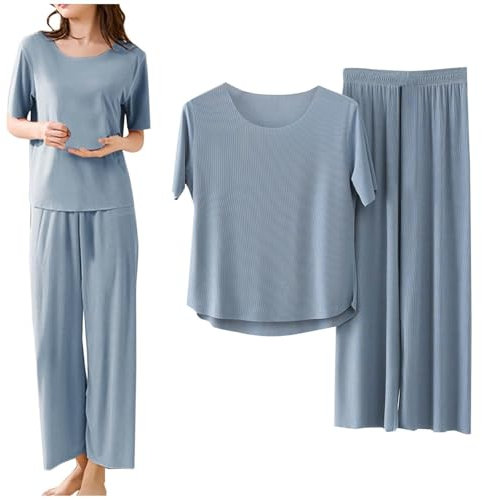Pyjamas for Women Uk, 2 Piece Travel Outfit Airport Sets Summer Short Sleeve Solid Color Tops and Wide Leg Pants Ice Silk Pajama Set Homewear Leisure Suits