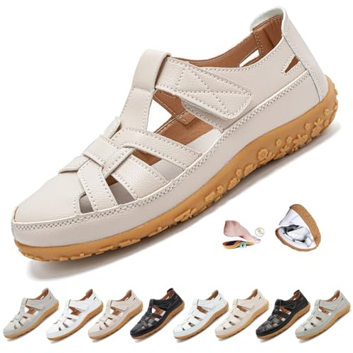 MAOAEAD Sandali da pescatore da donna in vera pelle, punta chiusa, sandali ortopedici estivi, morbidi e comodi per camminare, guidare e per occasioni eleganti, Beige B., 39 EU