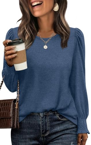 XIEERDUO Long Sleeve Tops Women Sweatshirt for Women Crew Neck Ladies Blouses Fall Outfits Puff Sleeve Tunic Tops Size 18-20 Navy Blue