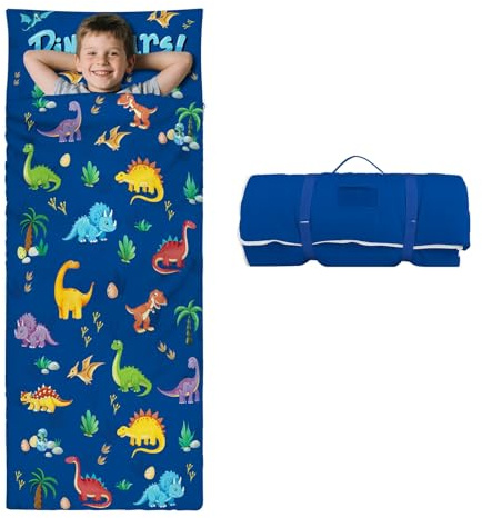 decalsweet Sacco a Pelo Bambino con Rimovibile Cuscino, Nap Mat per Bambini Pieghevole per Ragazze Ragazzi, Nap Mats con Doppia Cerniera per Campeggio, Scuola Materna e Asilo, 150×60cm Dinosauro