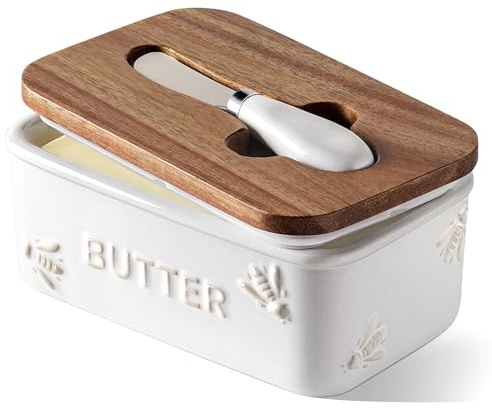 LE TAUCI Butter Dish with Lid for Countertop, Ceramic Butter Container, Embossed Butter Keeper with Acacia Wood lid, Knife, and Airtight Cover, Farmhouse Decor - Set of 1, Arctic White, Bee Pattern
