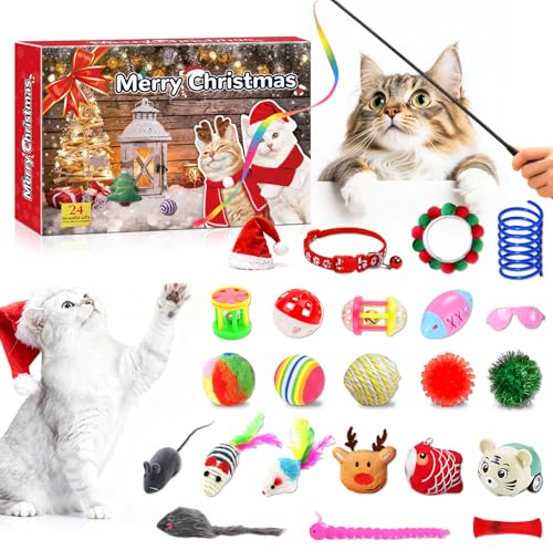 Cat Advent Calendar 2025 with 24 Toys - Christmas Countdown Calendar for Cats with Interactive Toys, Feather Wand, Mice and Balls - Xmas Gift for Cat Lovers and Kitten Owners