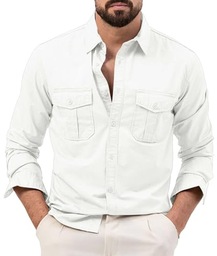 Camicia da uomo a maniche lunghe safari a maniche lunghe, vestibilità larga, stile cargo tattico, tessuto leggero, chiusura a bottoni, ideale per escursioni e viaggi