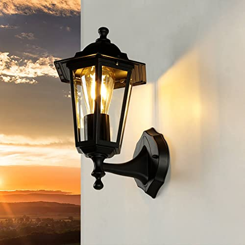 Licht-Erlebnisse Aplique de exterior aluminio cristal negro IP44 terraza balcón H:36 cm E27 vertical Rústico farol de pared jardín PARIS